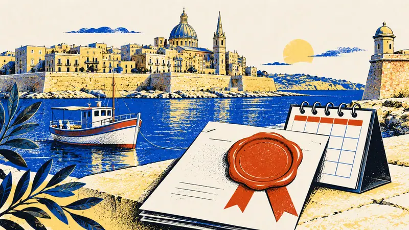 Mediterrán kikötő mészkőházakkal, előtérben pecsét és naptárlap