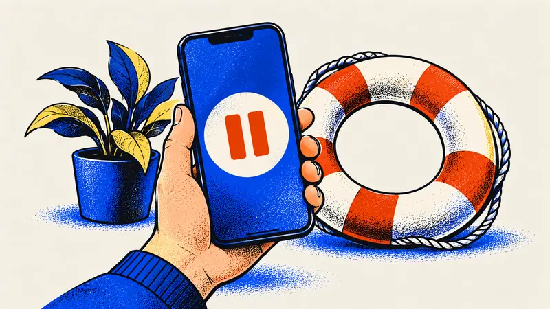 Kéz telefonnal, rajta szünet jel, mellette mentőöv és cserepes növény