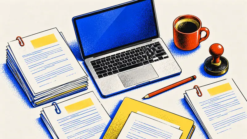 Szerkesztőségi asztal felülről: laptop, iratok, kávé, ceruza és pecsét